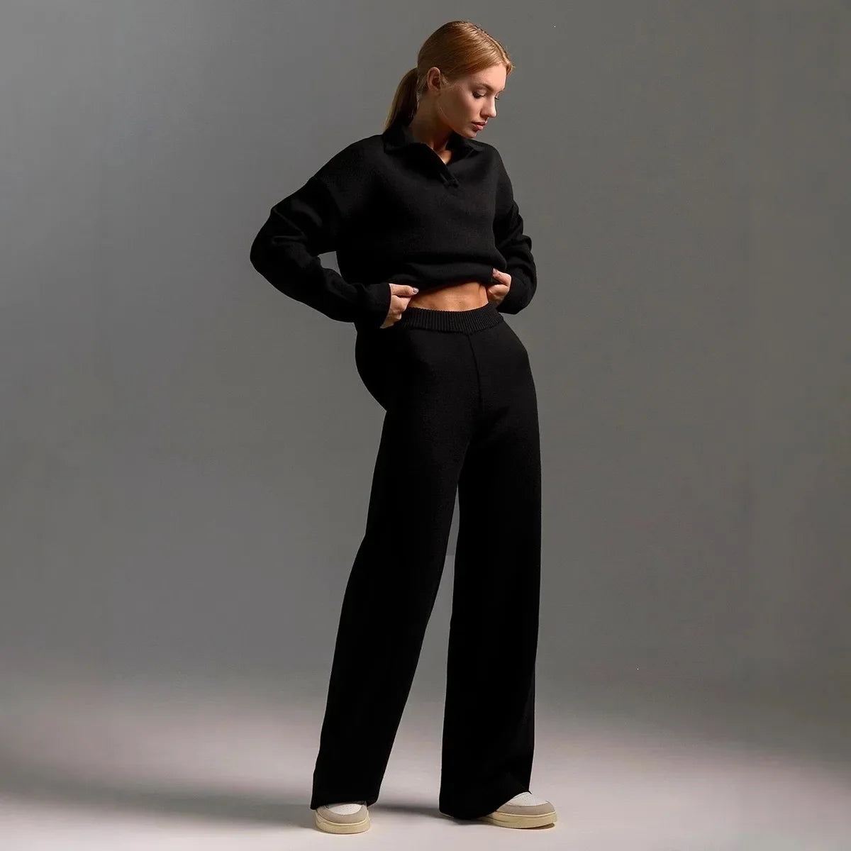 Amber | Women's Polo Sweater and Wide-Leg Pants Set