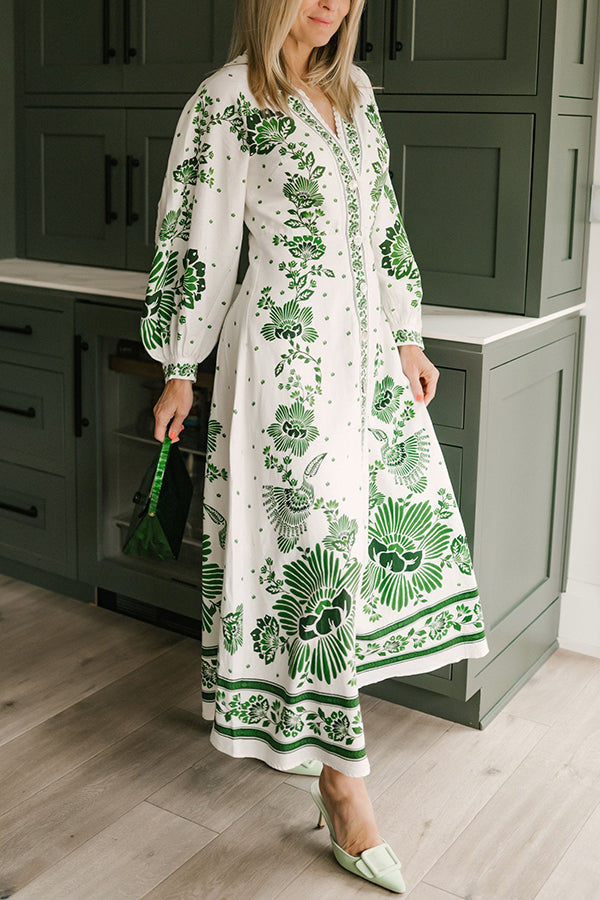 Robe longue chemise à manches longues boutonnée à imprimé unique