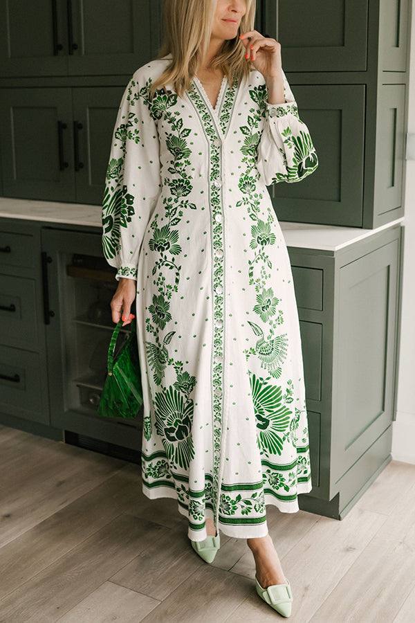 Robe longue chemise à manches longues boutonnée à imprimé unique