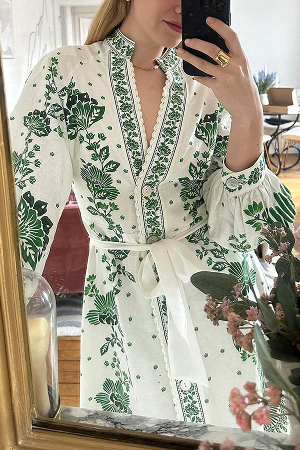 Robe longue chemise à manches longues boutonnée à imprimé unique