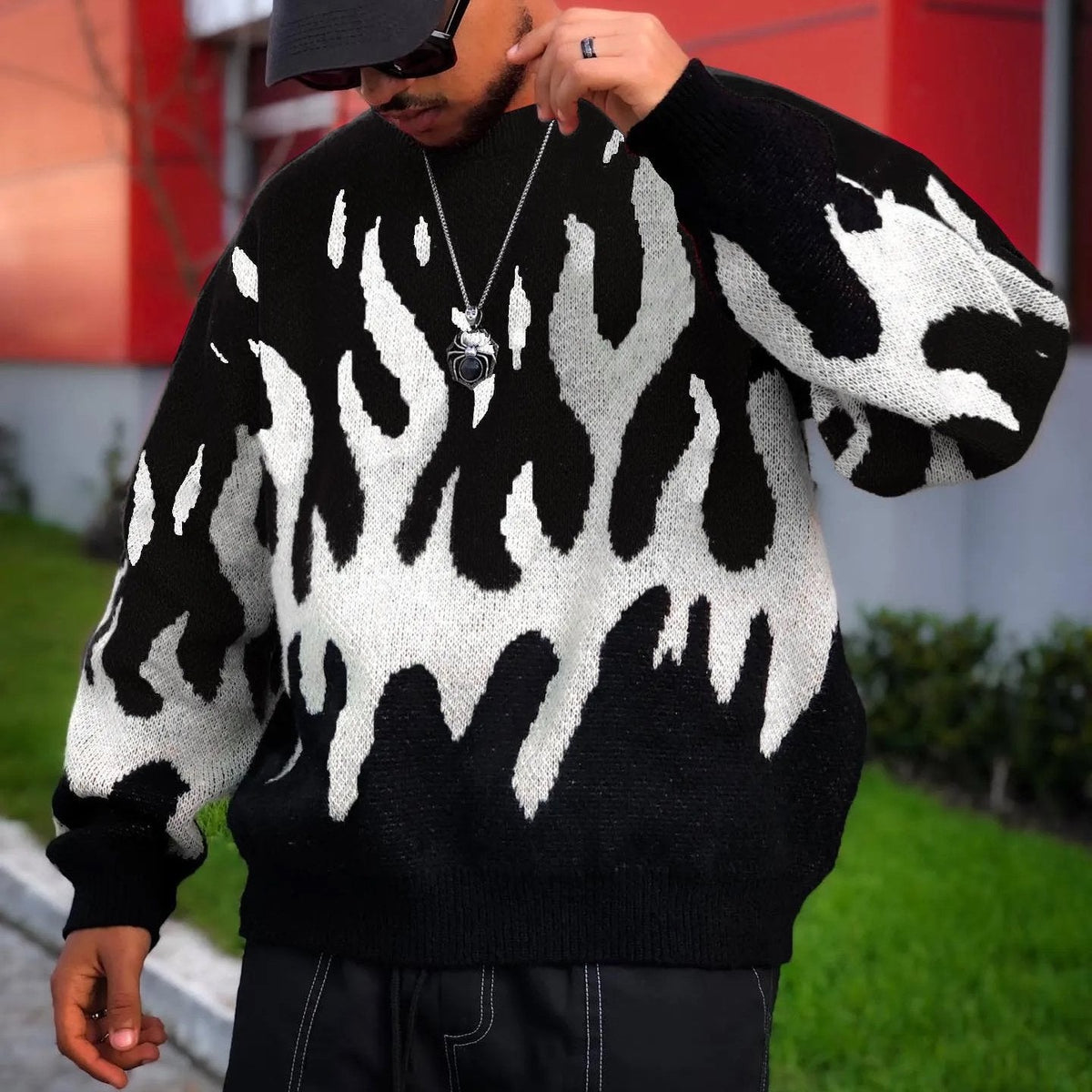 Camisola de malha com gola redonda e padrão de chamas Blaze