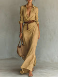 Vestido Maxi Savina com Lapelas, Manga Comprida e Cinto