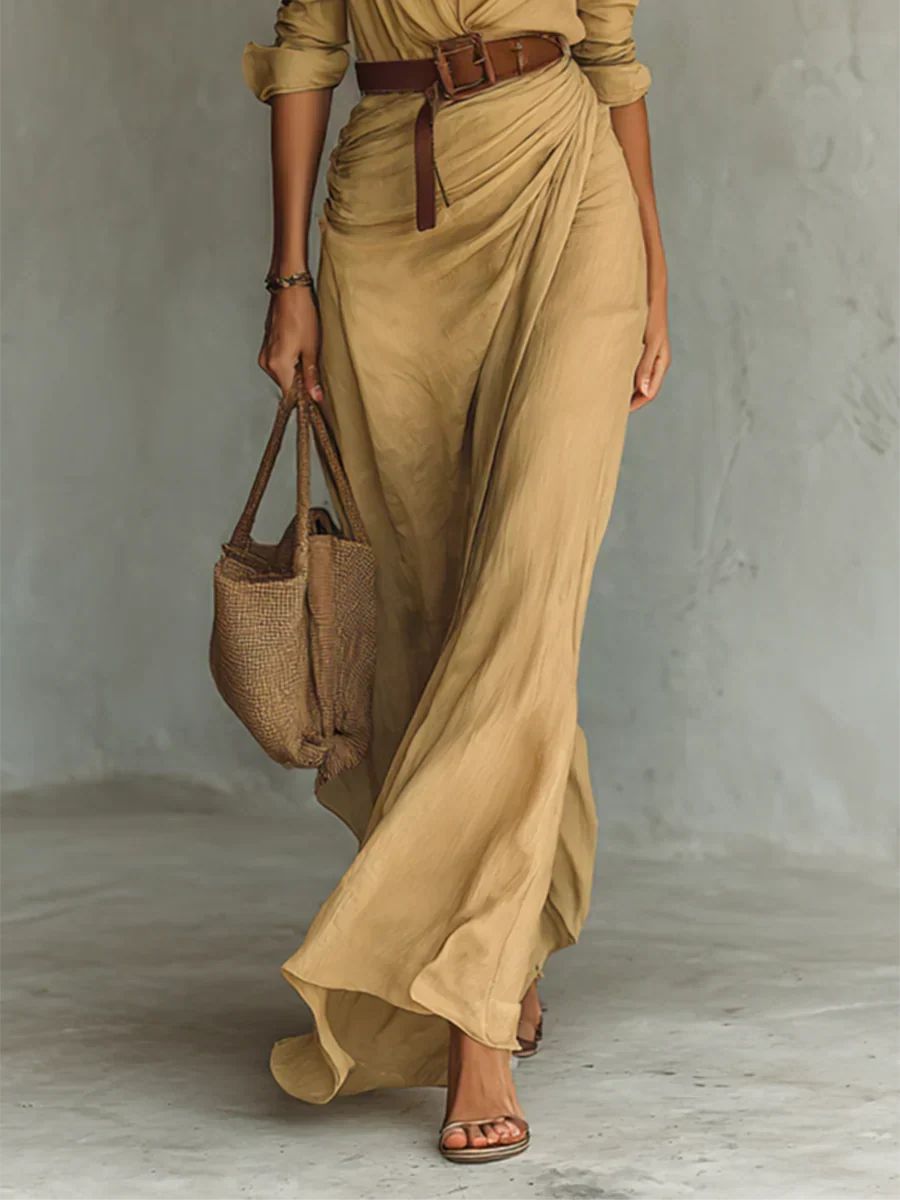 Vestido Maxi Savina com Lapelas, Manga Comprida e Cinto