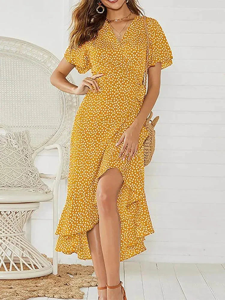 Vestido comprido Valeria com decote em V e estampado floral