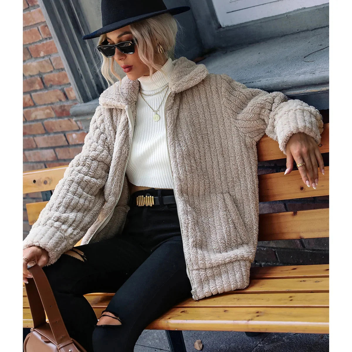 Kate fluffig teddyjacka med dragkedja