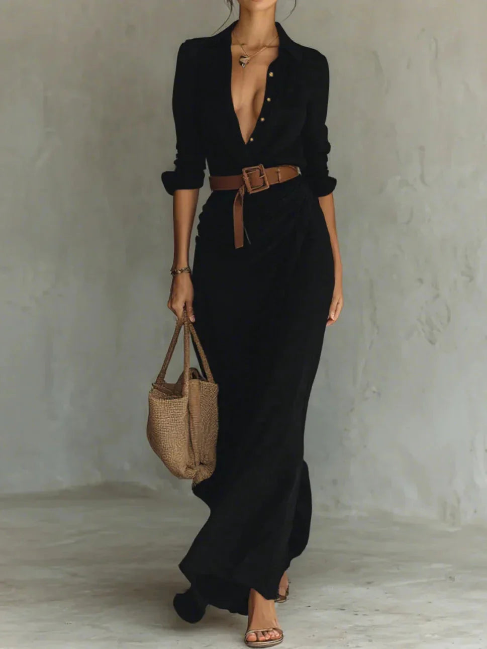 Vestido Maxi Savina com Lapelas, Manga Comprida e Cinto