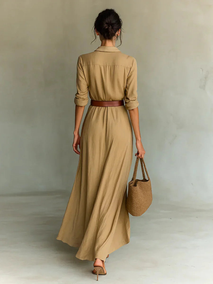 Vestido Maxi Savina com Lapelas, Manga Comprida e Cinto