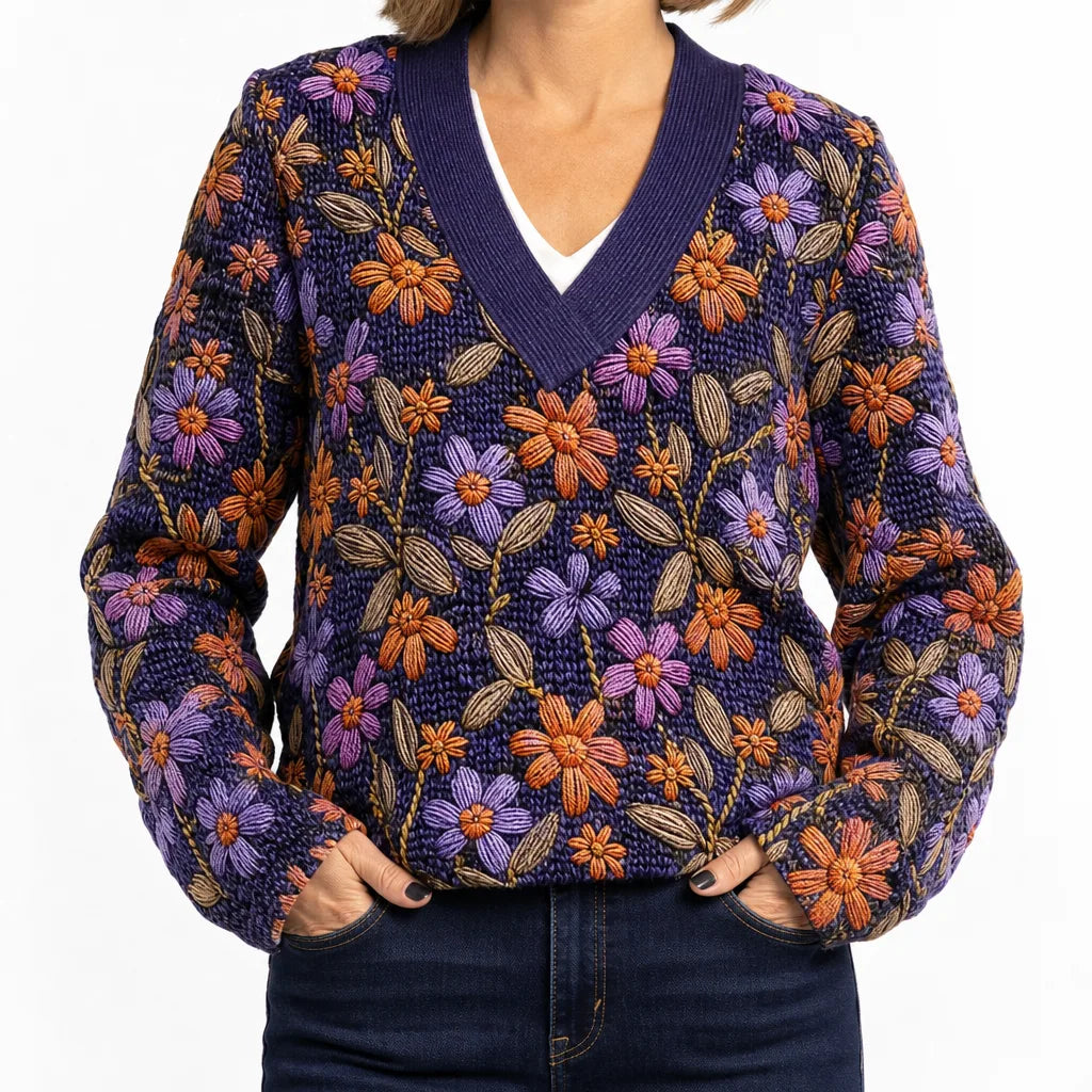 Mirabel | Women's Embroidered V Neck Sweater