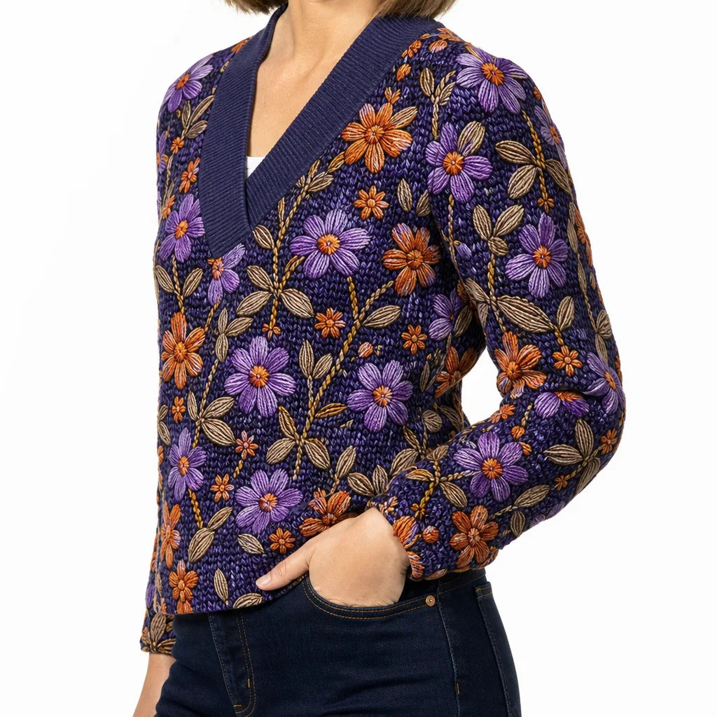 Mirabel | Women's Embroidered V Neck Sweater
