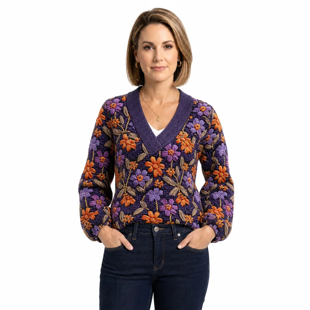 Mirabel | Women's Embroidered V Neck Sweater